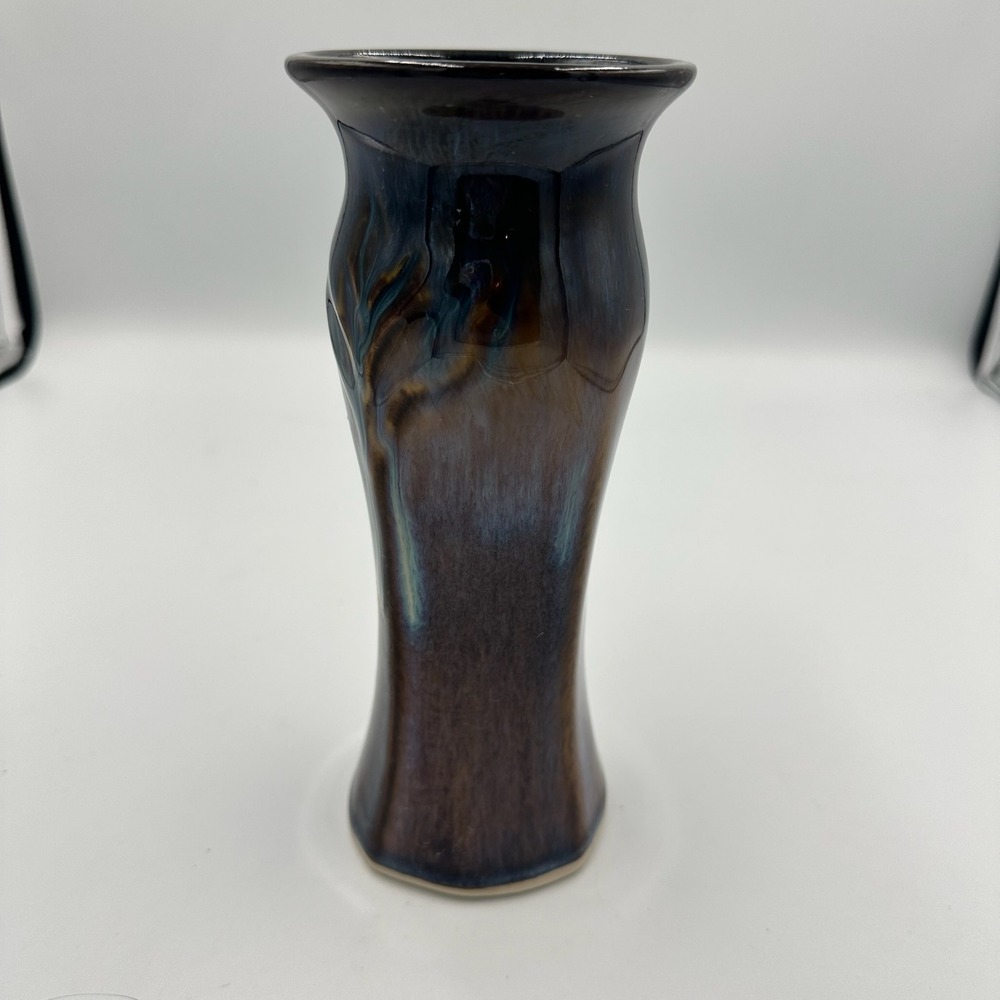 Signed Bill Campbell Studio Pottery Vase‎ Iridescent Blue Brown Glaze 7.5"